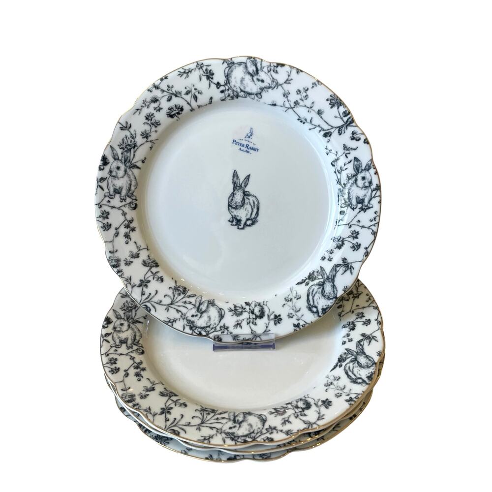 Laura Ashly Easter Bunny Dinner Plates 11in Porcelain Blue & White NEW